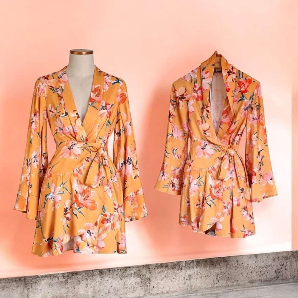 Floral Wrap Mini Dress in Mustard - Picture 4 of 8